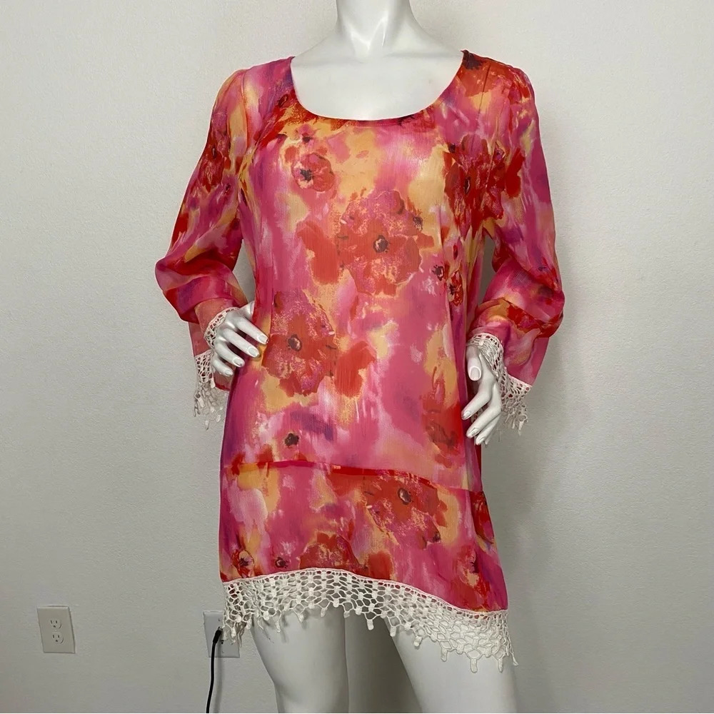 Mushka by Sienna Rose Sheer Watercolor Guipure Lace Floral Dress/Cover Up Size L